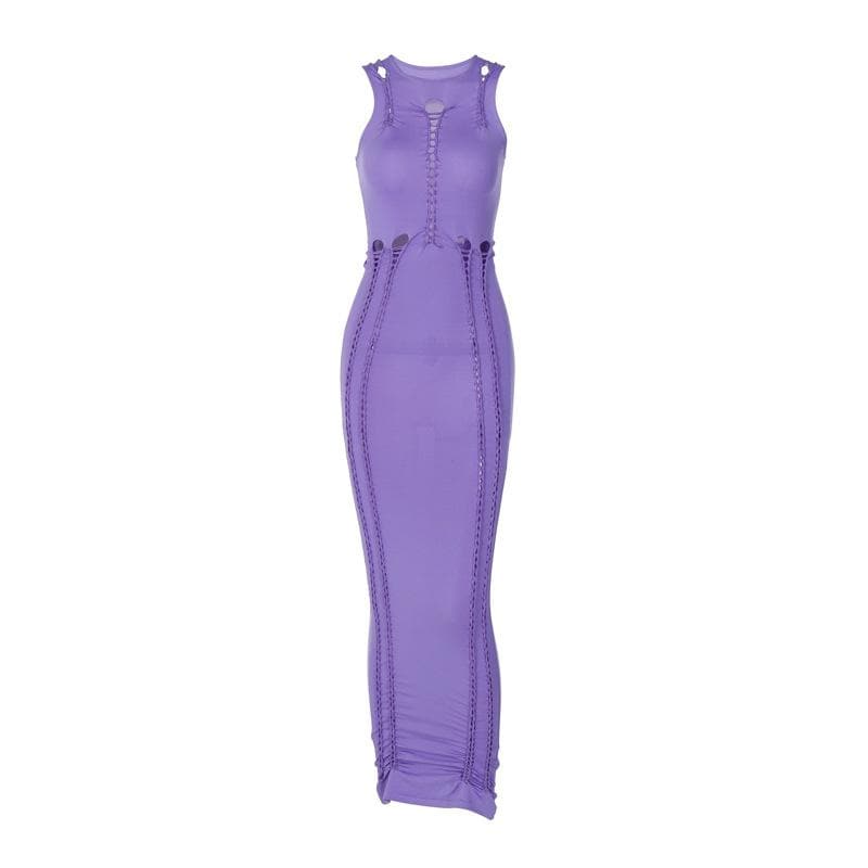 Crewneck sleeveless hollow out solid ruched maxi dress