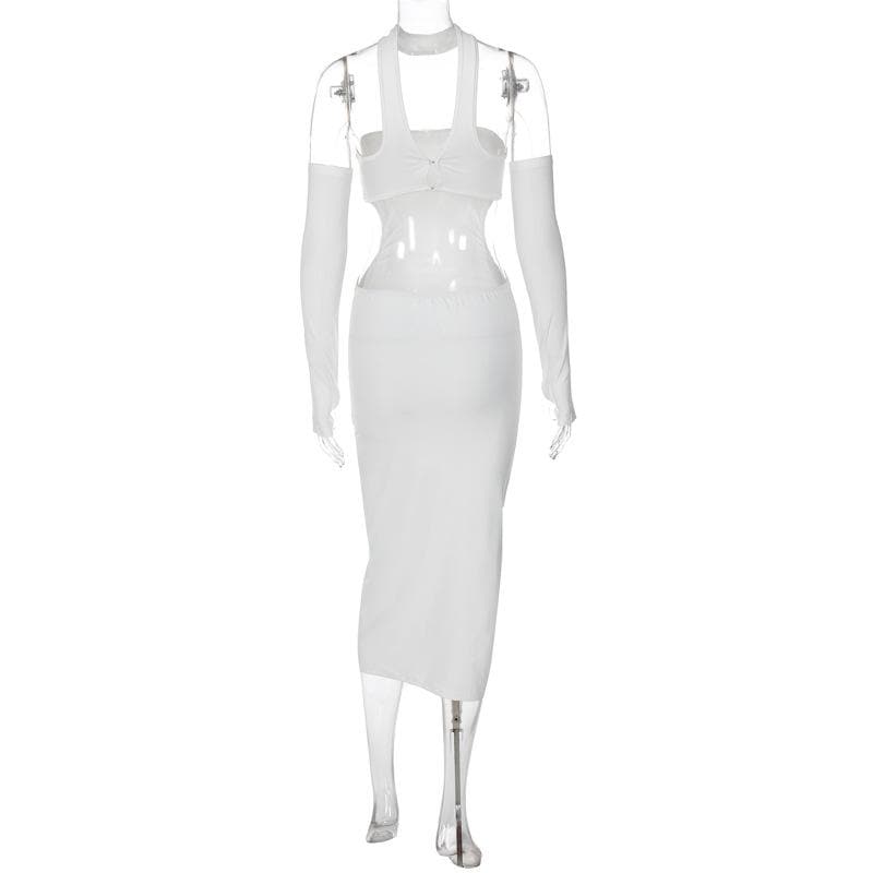 Gloves halter solid button hollow out backless midi dress