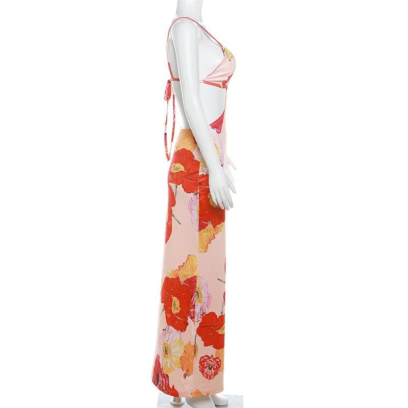 Hollow out v neck backless self tie flower print maxi dress