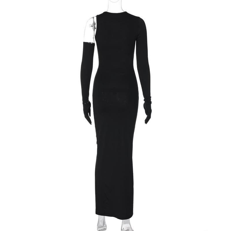 Long sleeve gloves irregular hollow out crewneck maxi dress