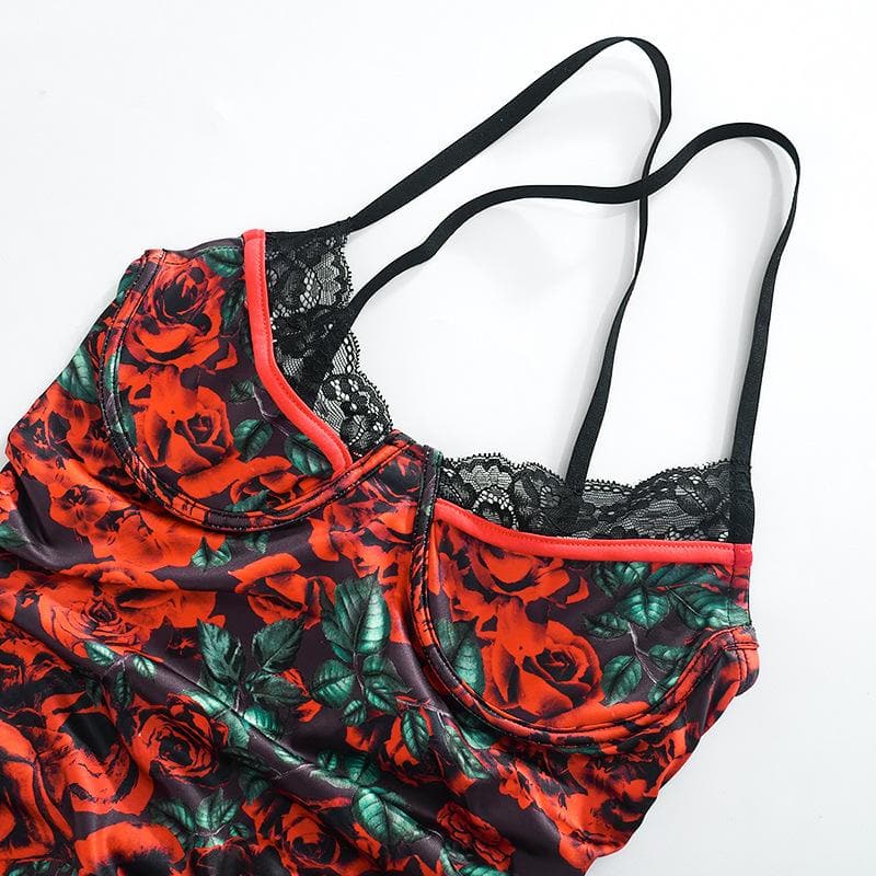 Flower print contrast lace hem cross back ruched mini dress