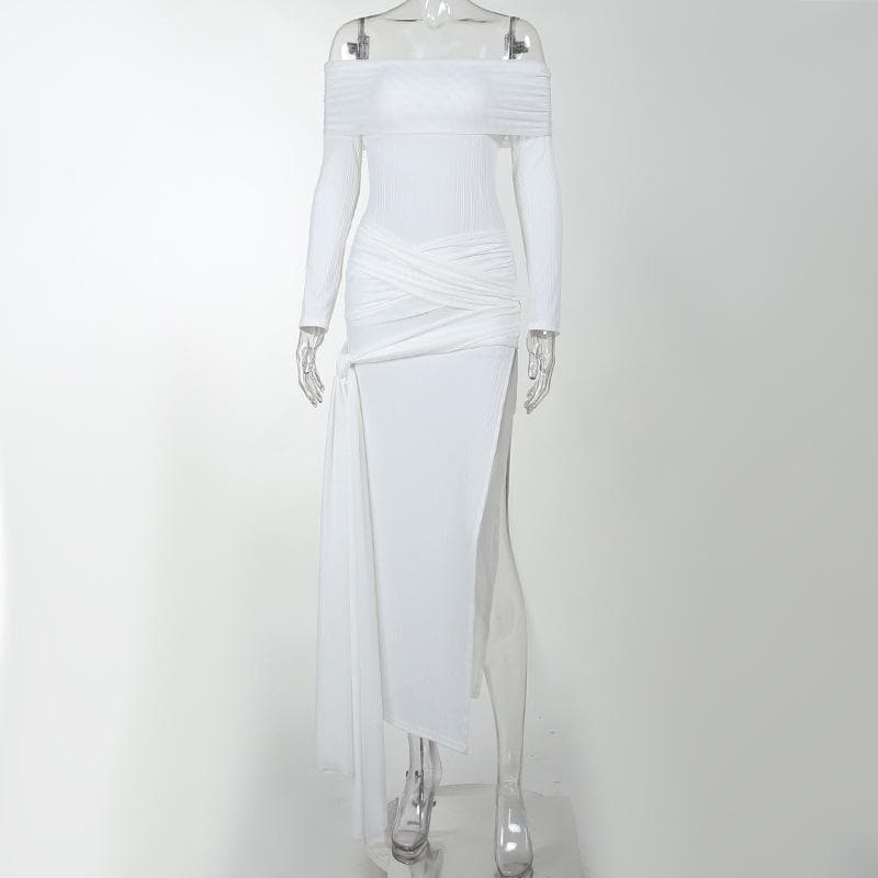 Cross front solid long sleeve off shoulder slit self tie maxi dress
