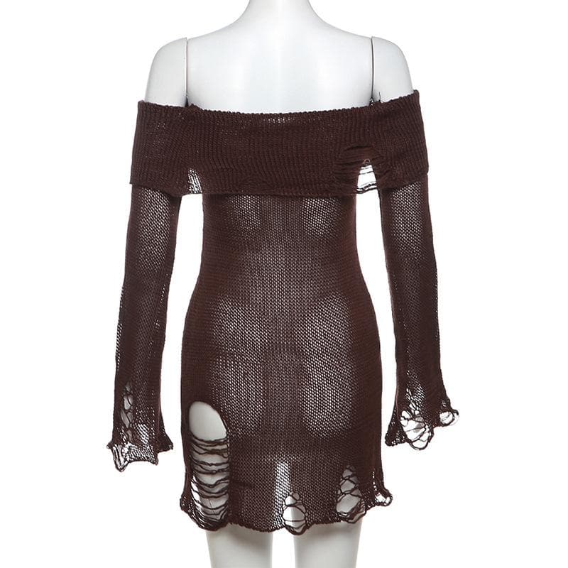 Long flared sleeve off shoulder hollow out see through knitted mini dress