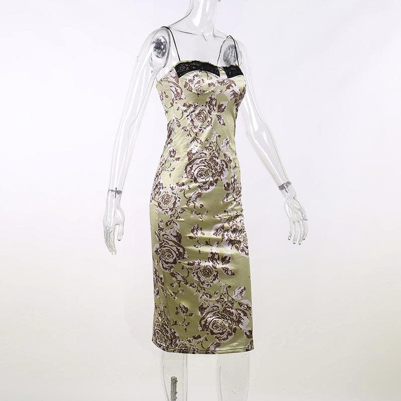 Flower print contrast backless lace hem zip-up midi dress