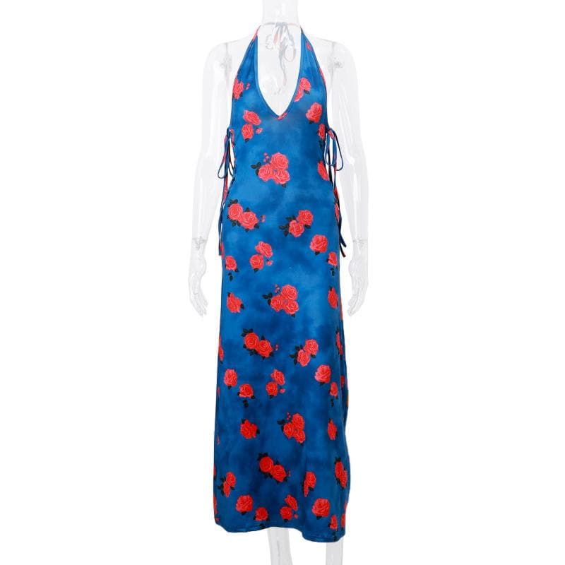 Flower print halter contrast lace up backless v neck midi dress