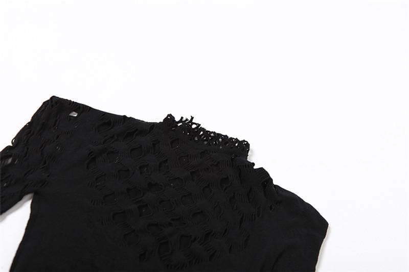 Fishnet long sleeve hollow out see through irregular mini dress