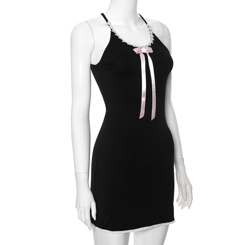 Bowknot ribbon lace hem u neck cross back backless cami mini dress