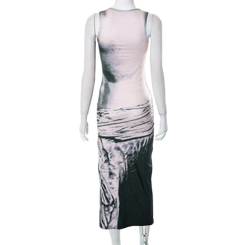 Contrast print sleeveless crewneck slit midi dress