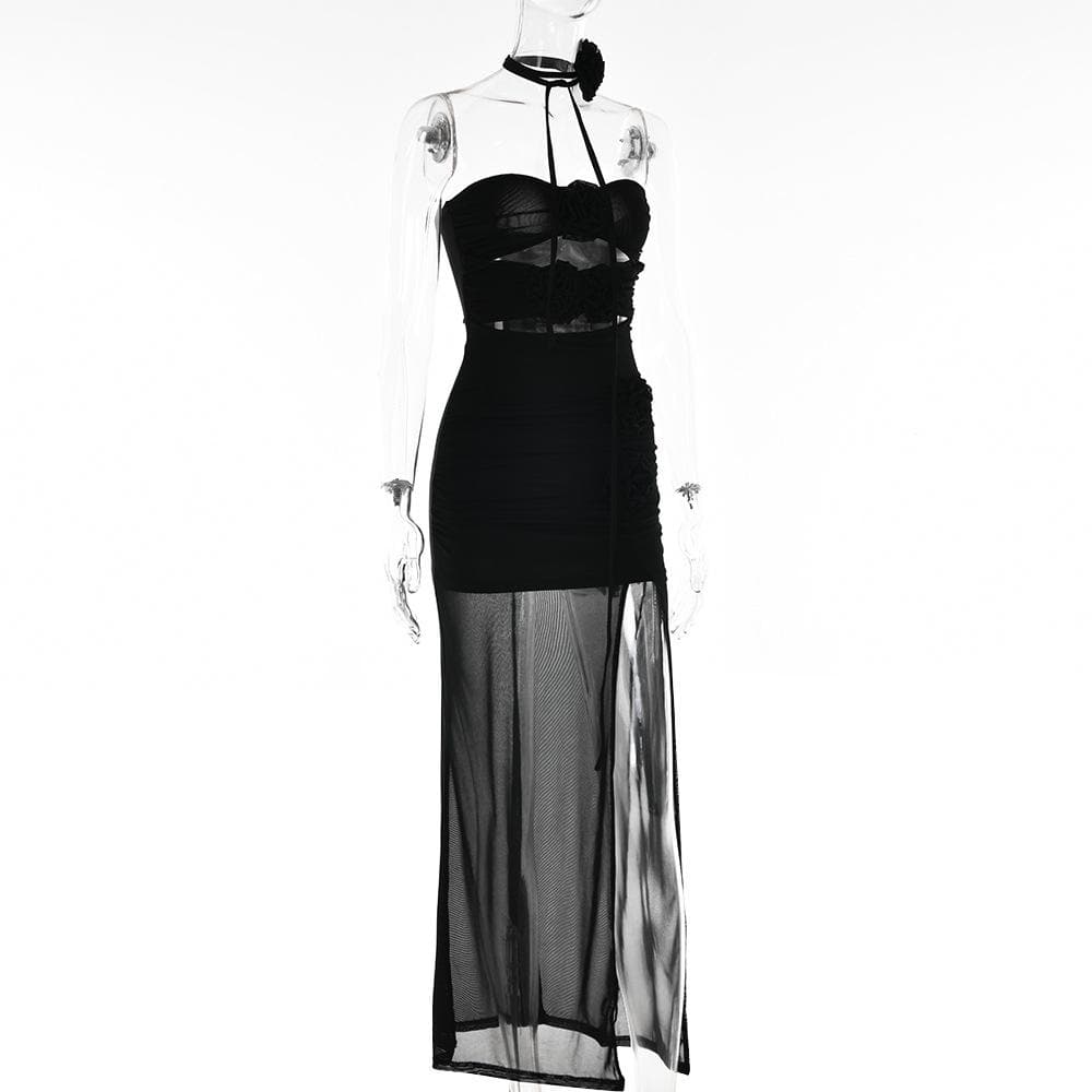 Flower applique sheer mesh hollow out solid backless zip-up slit tube midi dress