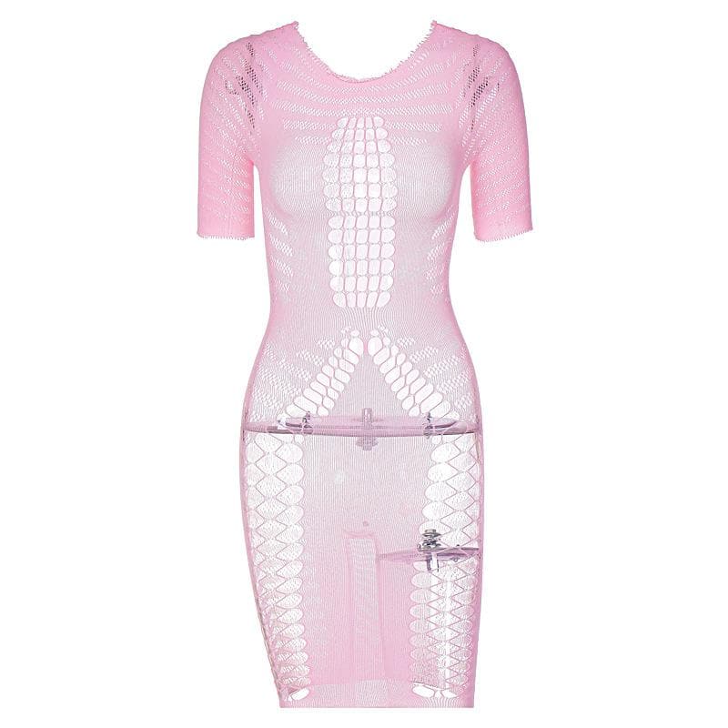 Fishnet hollow out lace up short sleeve solid mini dress