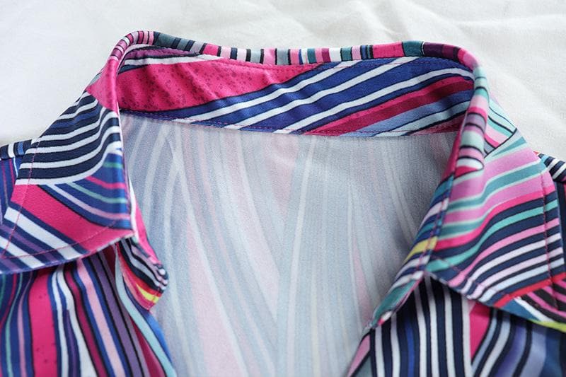 Contrast striped print turnover collar v neck sleeveless mini dress