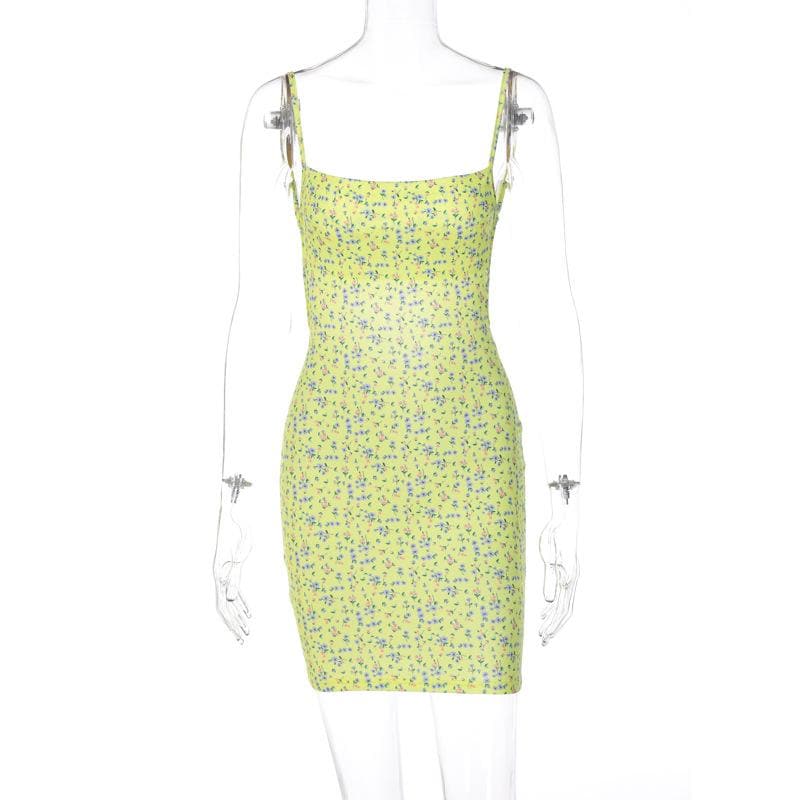 Flower print square neck backless contrast mini dress