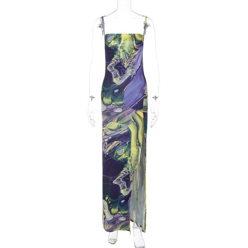 Sleeveless contrast print slit backless cami dress