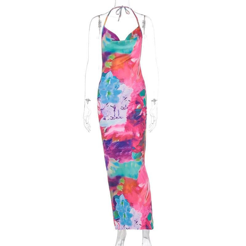 Cowl neck halter backless ruched flower print maxi dress