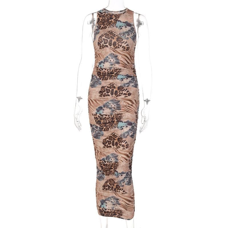 Leopard contrast print sleeveless midi dress