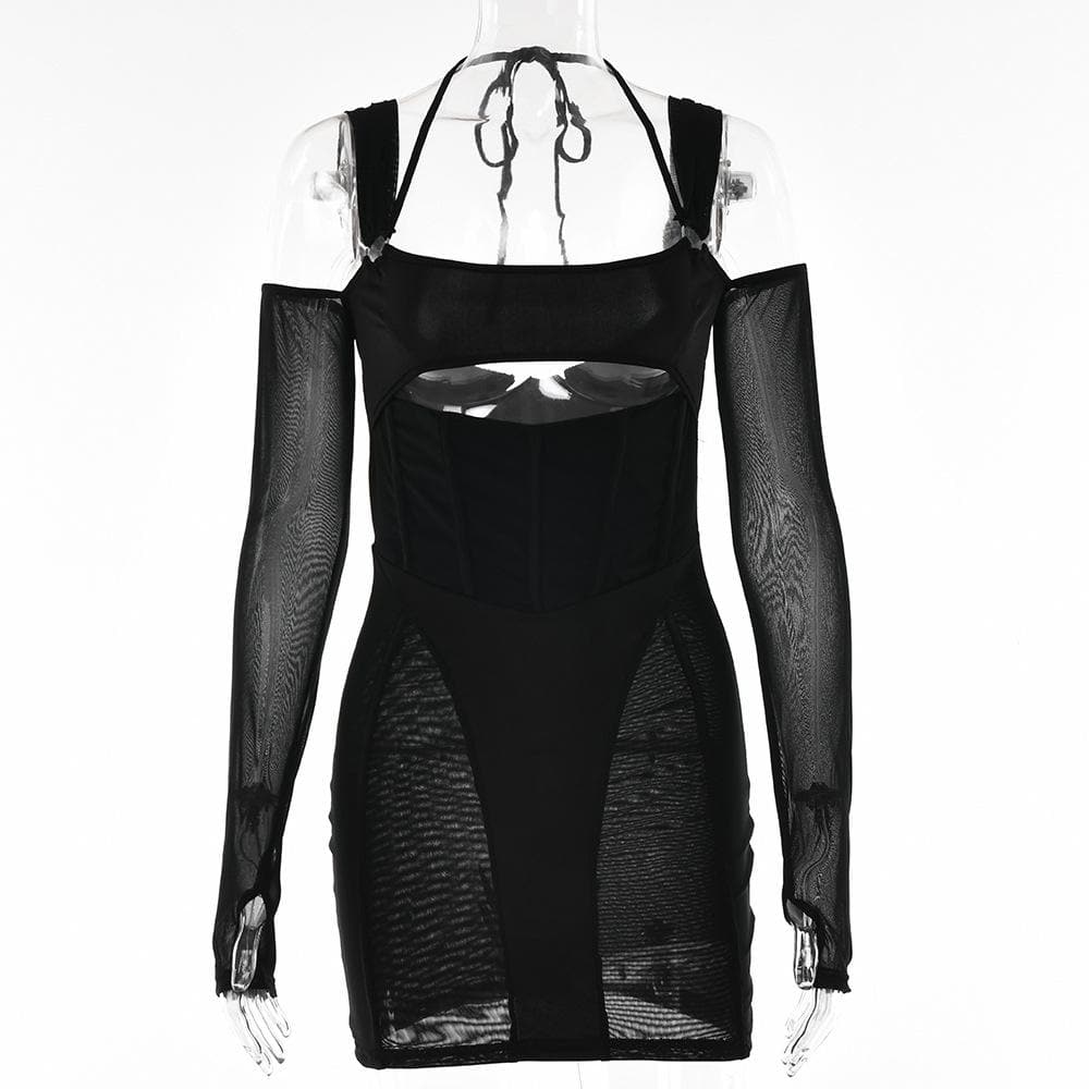 Gloves mesh corset off shoulder hollow out long sleeve halter mini dress