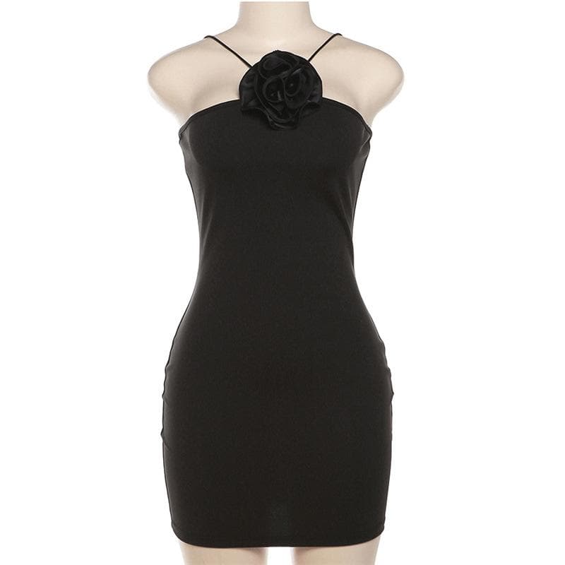 Flower applique solid sleeveless backless mini dress