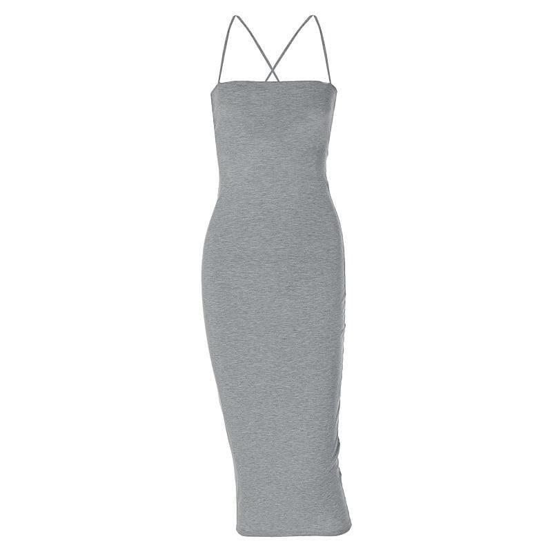 Cross back lace up self tie backless solid square neck midi dress