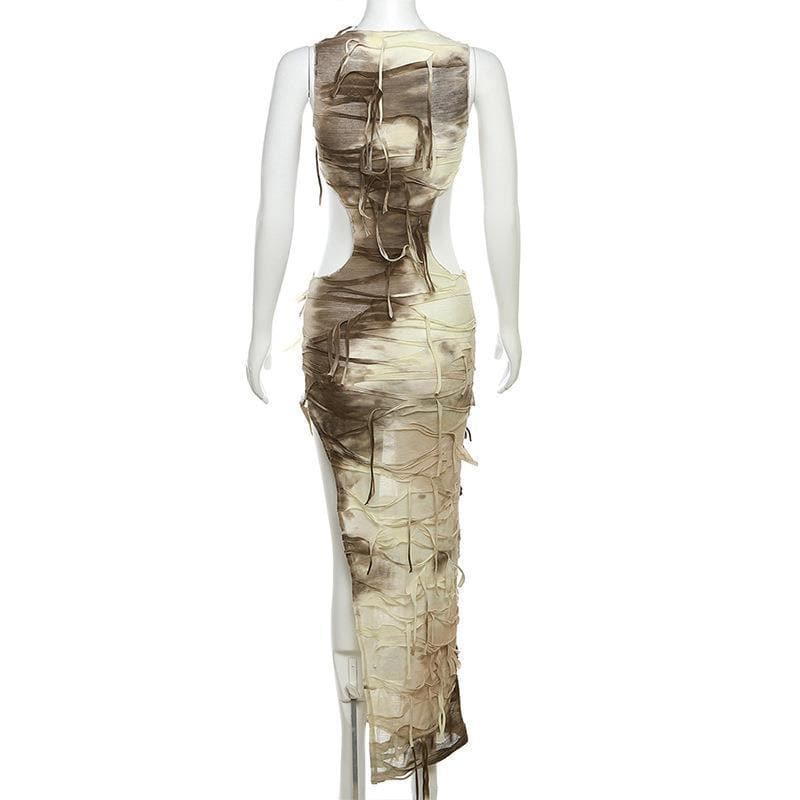 Sleeveless textured tie dye hollow out irregular slit maxi dress