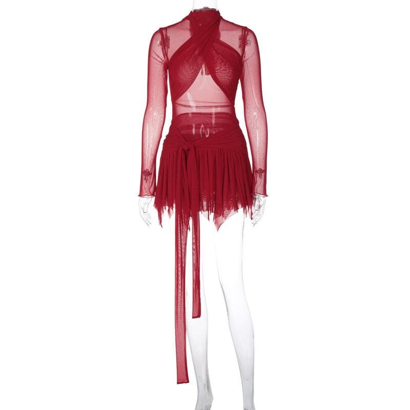 Long sleeve ruffle ruched cross front halter sheer mesh mini dress