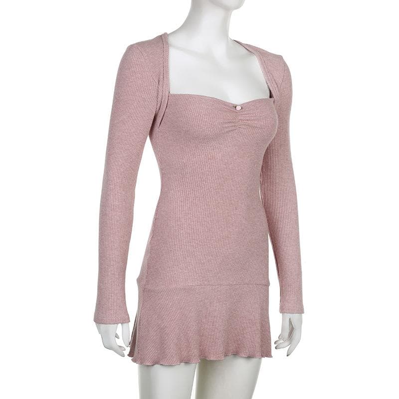 Ribbed solid long sleeve ruffle shrug tube mini dress