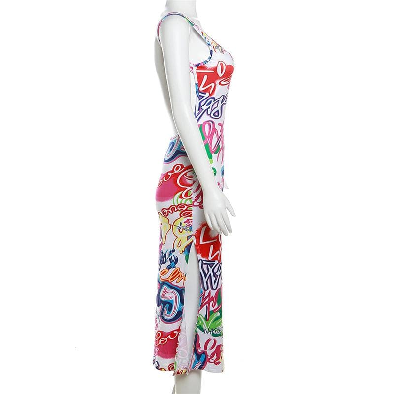Contrast print square neck sleeveless slit backless midi dress
