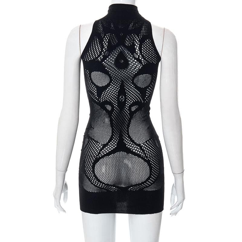Fishnet sleeveless hollow out high neck see through mini dress