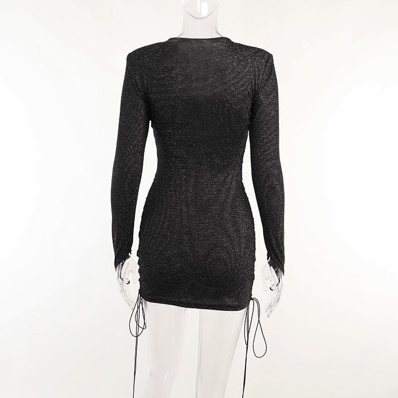 Long sleeve hollow out lace up gloves textured mini dress - Final Sale
