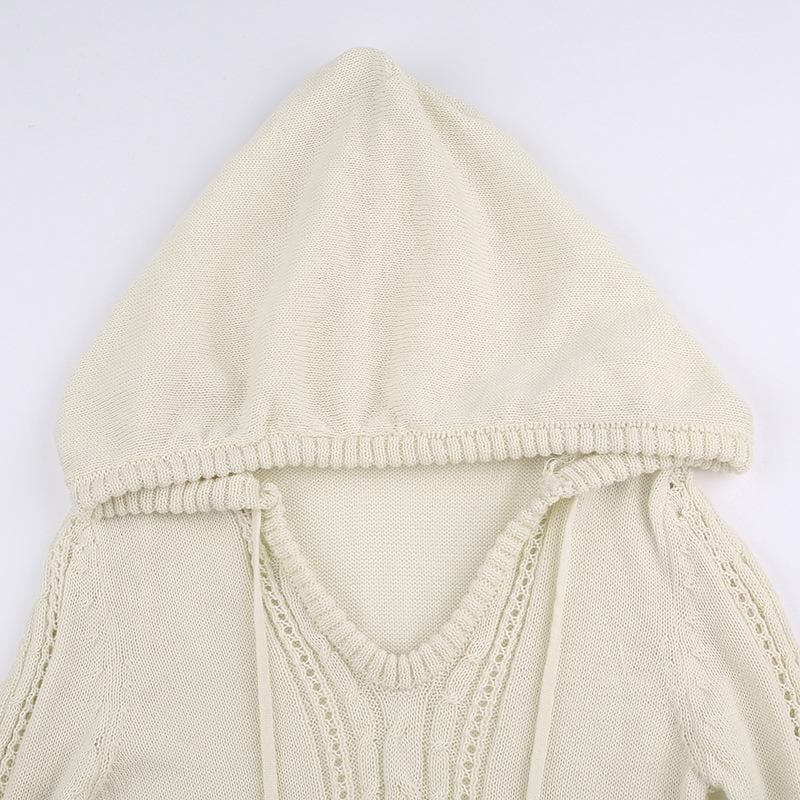 Crochet solid long sleeve hoodie v neck hairball mini dress - Final Sale