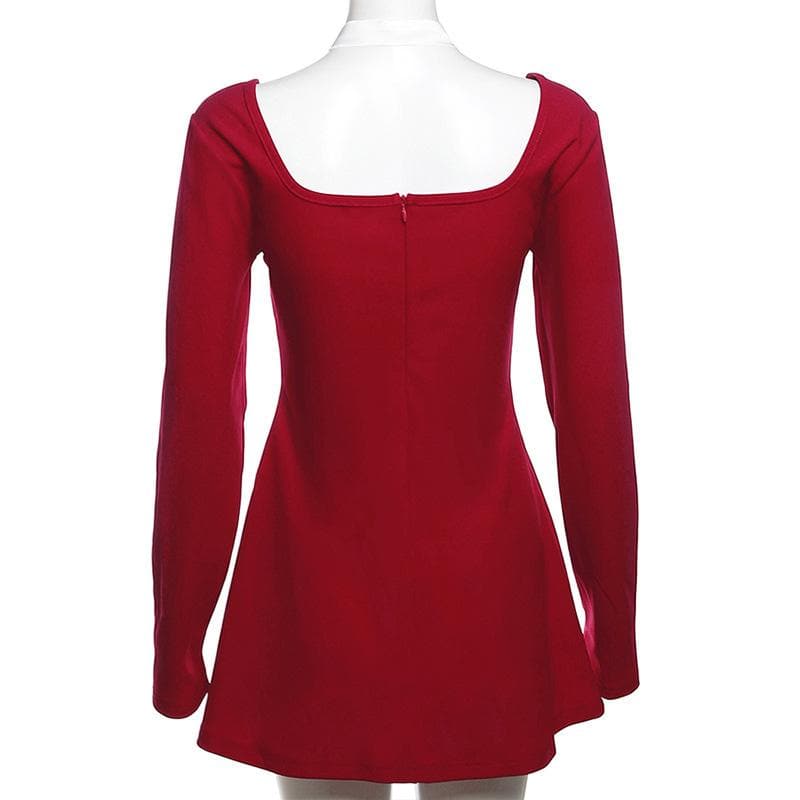 Bowknot long sleeve square neck zip-up contrast 2-way mini dress