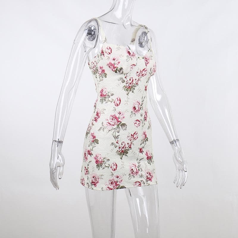Contrast flower print backless sleeveless mini dress