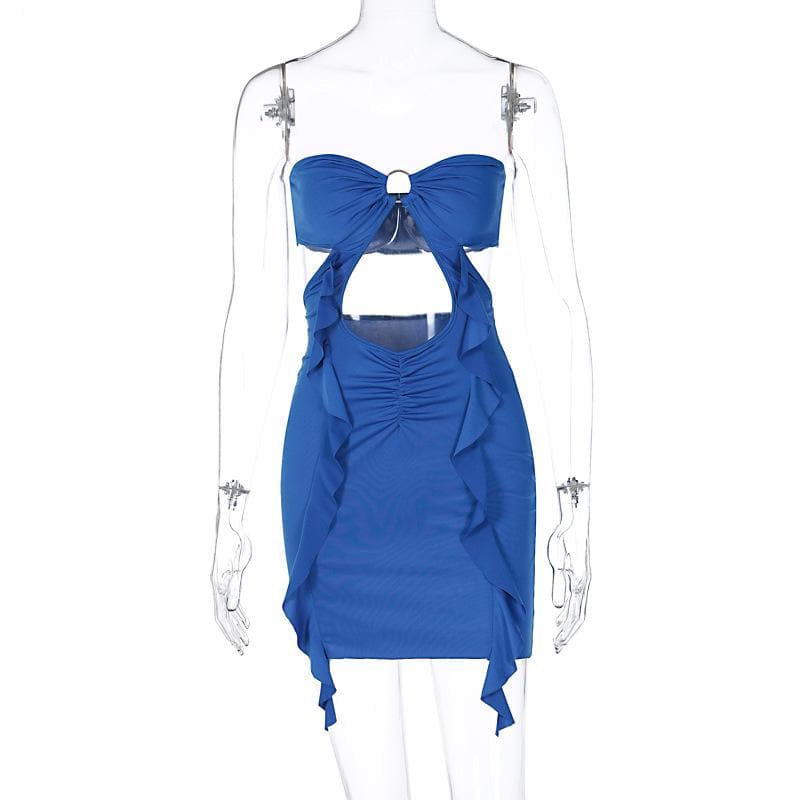 Ruched hollow out solid o ring ruffle backless tube mini dress