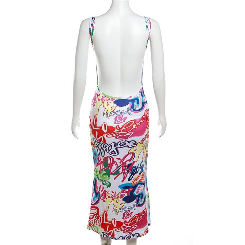 Contrast print square neck sleeveless slit backless midi dress