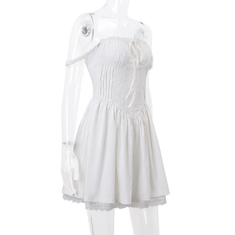 Lace hem lace up ruched backless square neck mini dress