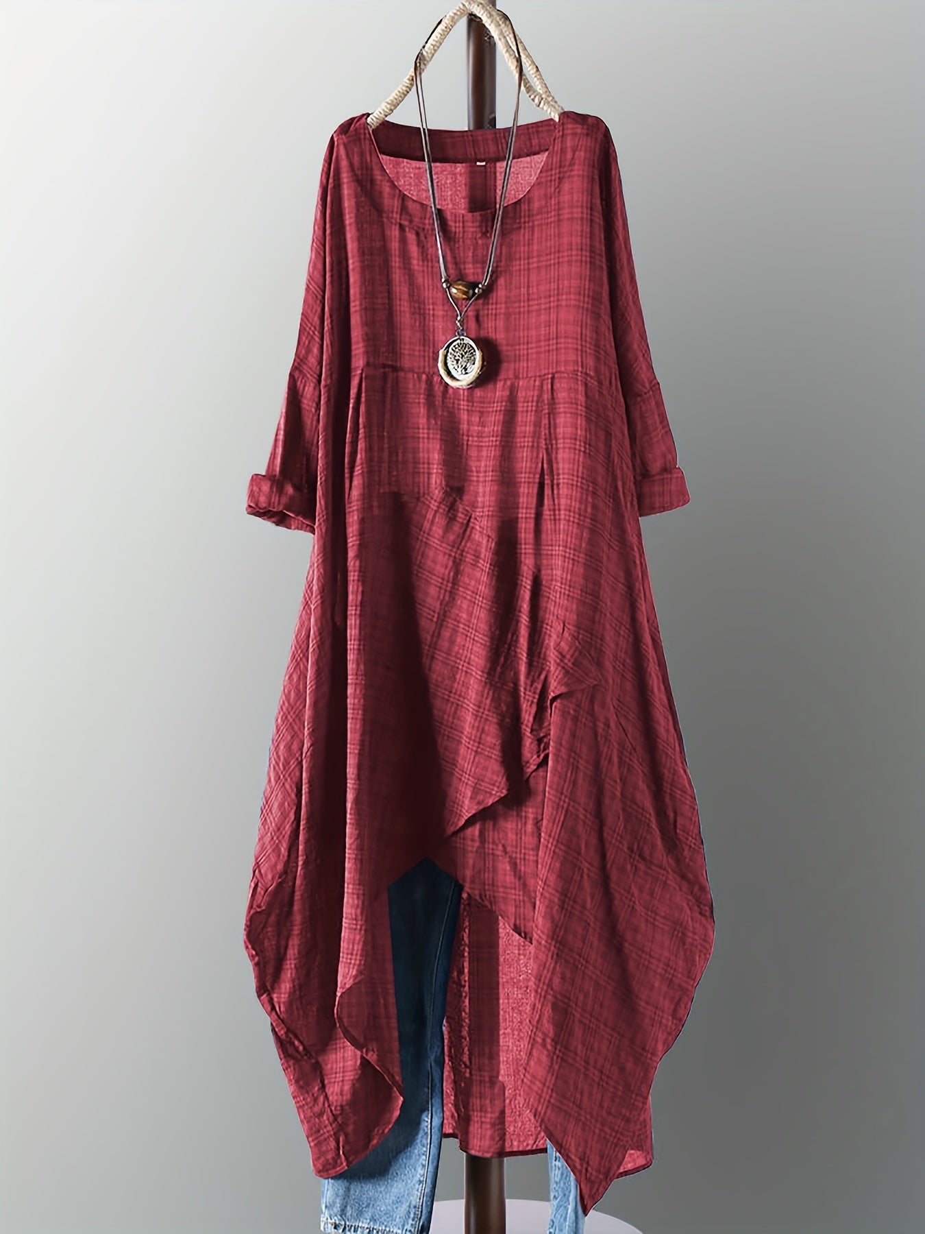 Frida Stylish Checked Plus Size Dress with Asym Hem for Women