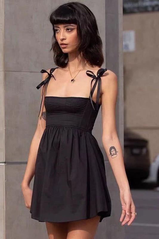Renata Timeless Mini Dress with Bow and Shoulder Straps Designer Edit