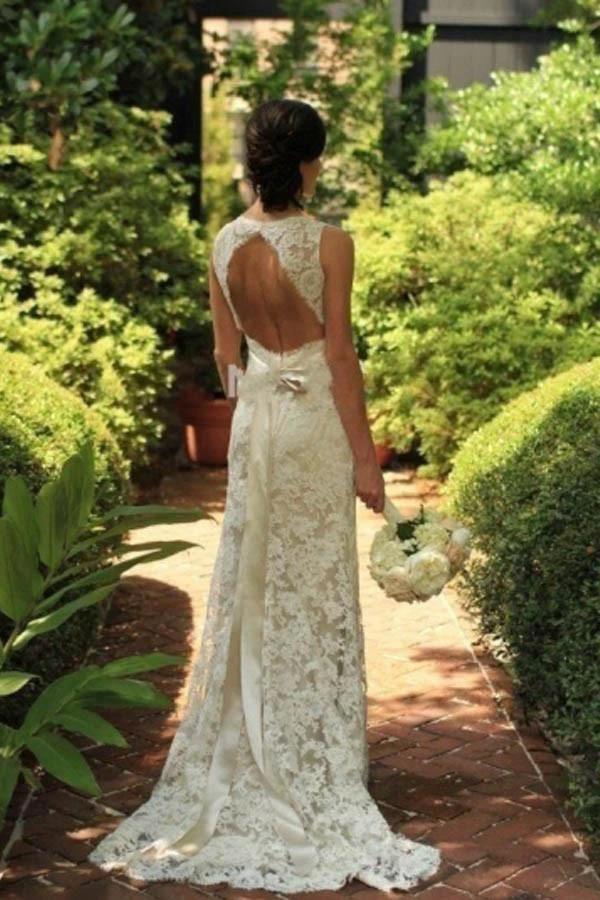 Keyhole Back Floor-Length Sheath Lace Wedding Dress (ZD16307) - VelvetHem