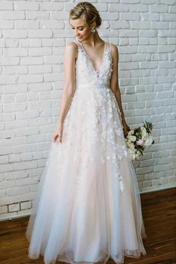 Lace Applique Ivory Wedding Dresses V Neck Beach Wedding Dress (ZD15401) - VelvetHem