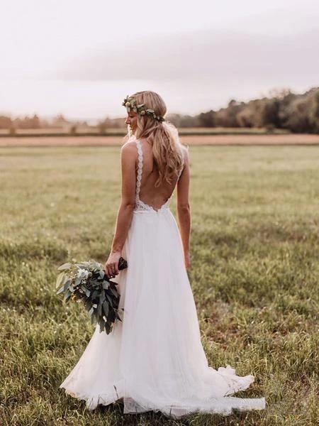 Lace Bodice Tulle Skirt Backless Bridal Gown Minimalist Wedding Dresses (ZD15319)