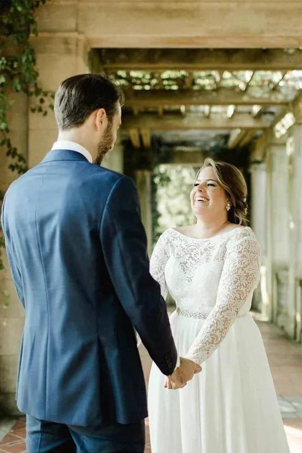 Lace Top Ivory Chiffon Plus Size Wedding Dresses with Long Sleeves (ZD16008) - VelvetHem