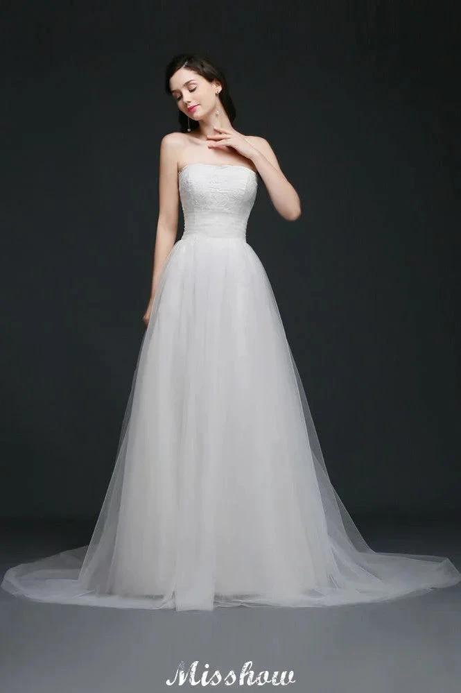 Lace White A-line Strapless Tulle Wedding Dress (ZD13927)