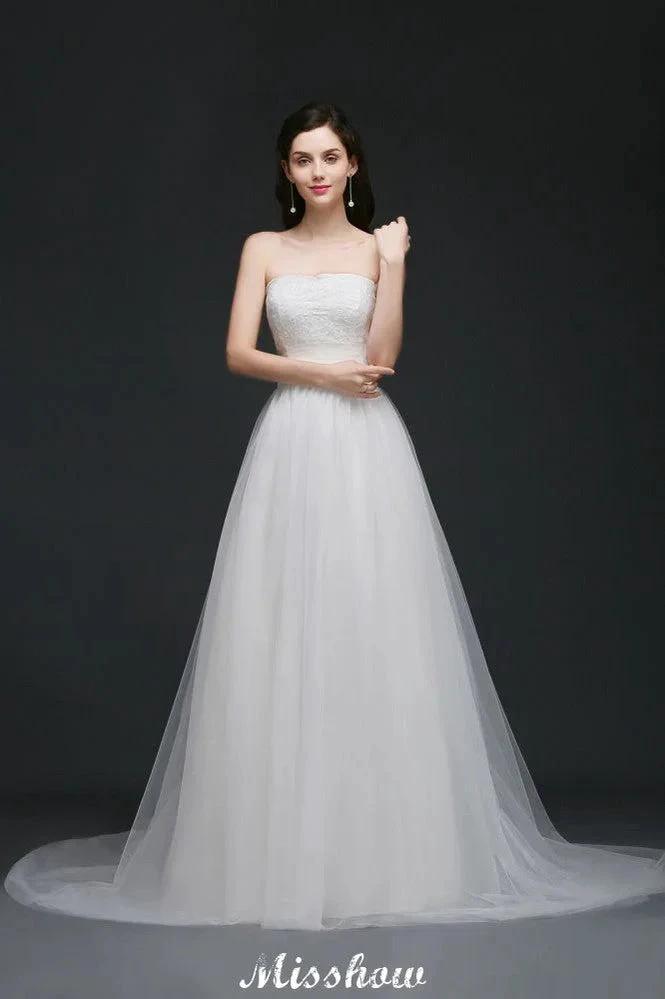 Lace White A-line Strapless Tulle Wedding Dress by misshow.com