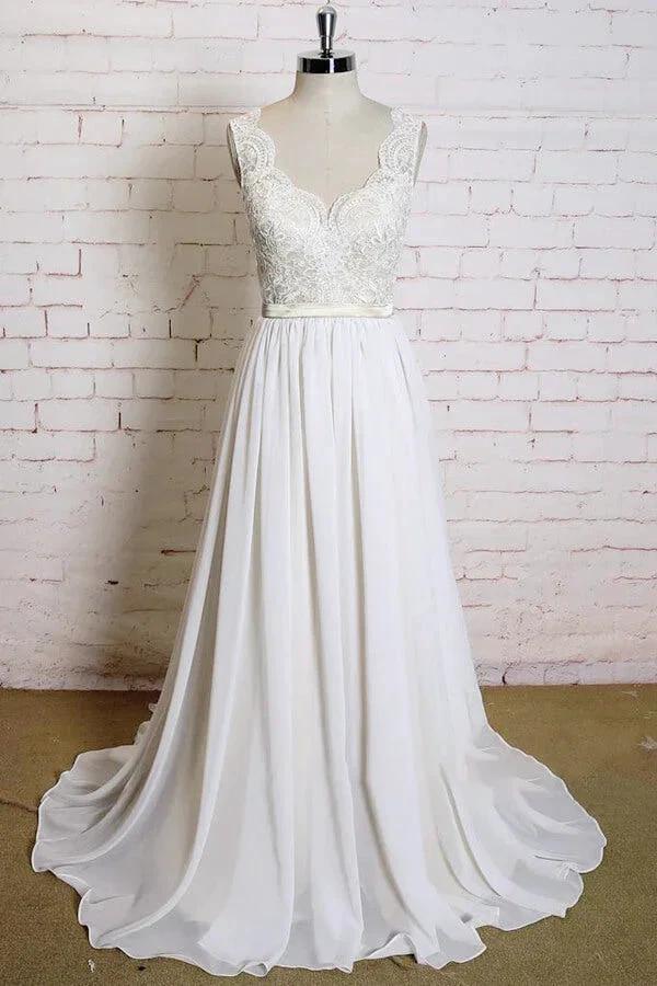 Latest Long A-line V-neck Lace Chiffon Wedding Dress (ZD14409) - VelvetHem