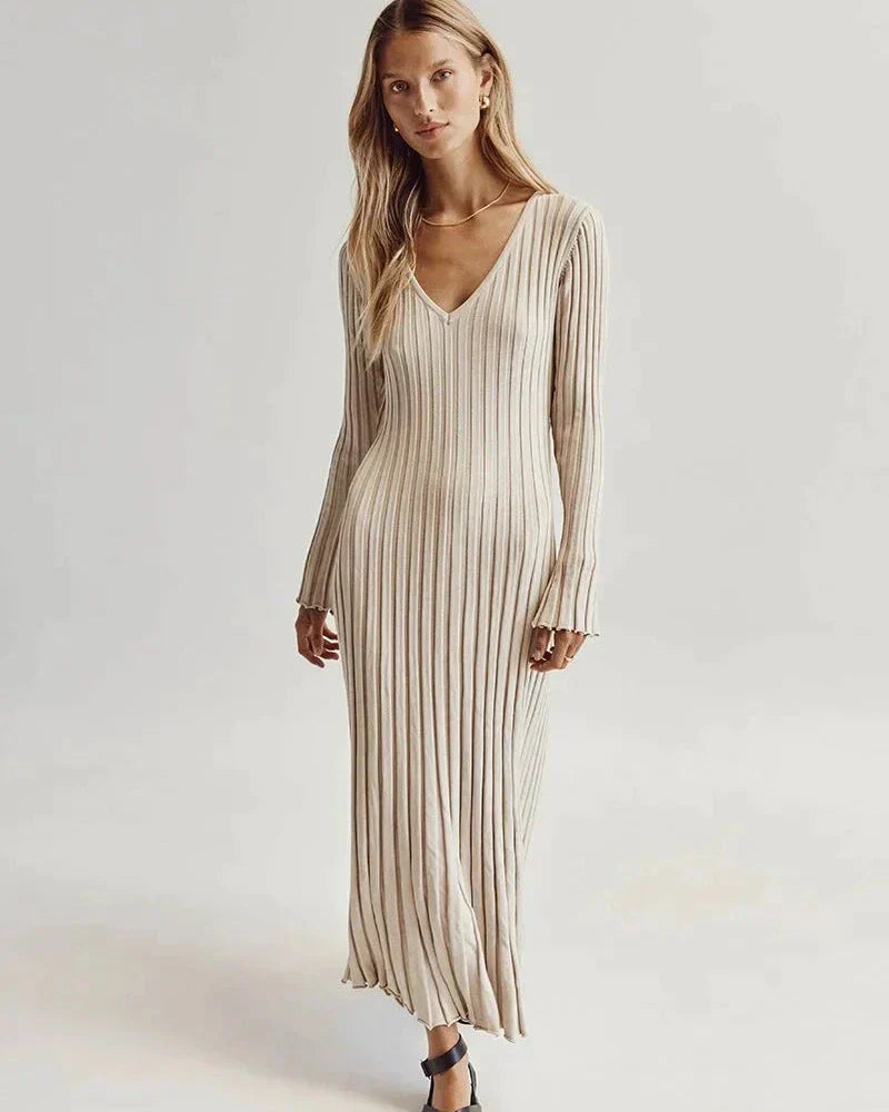Zaira Long Sleeve Knit Midi Dress with V-neck for Women Stylish Outfit