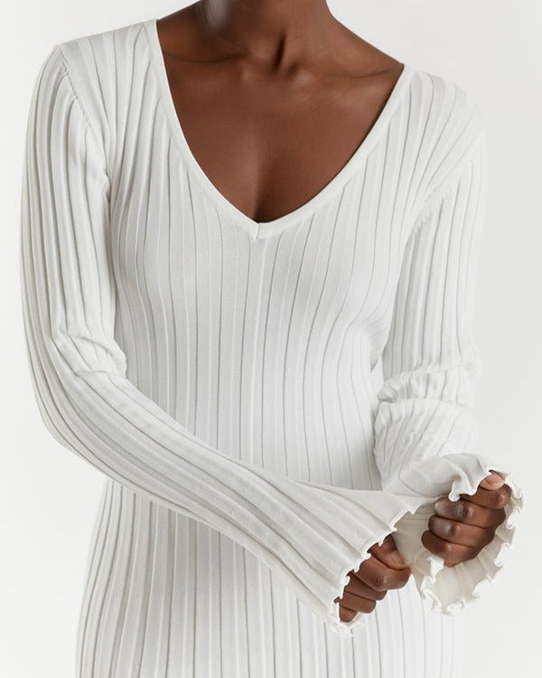 Zaira Long Sleeve Knit Midi Dress with V-neck for Women Stylish Outfit