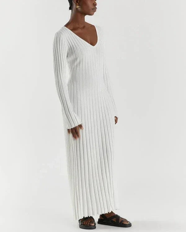 Zaira Long Sleeve Knit Midi Dress with V-neck for Women Stylish Outfit