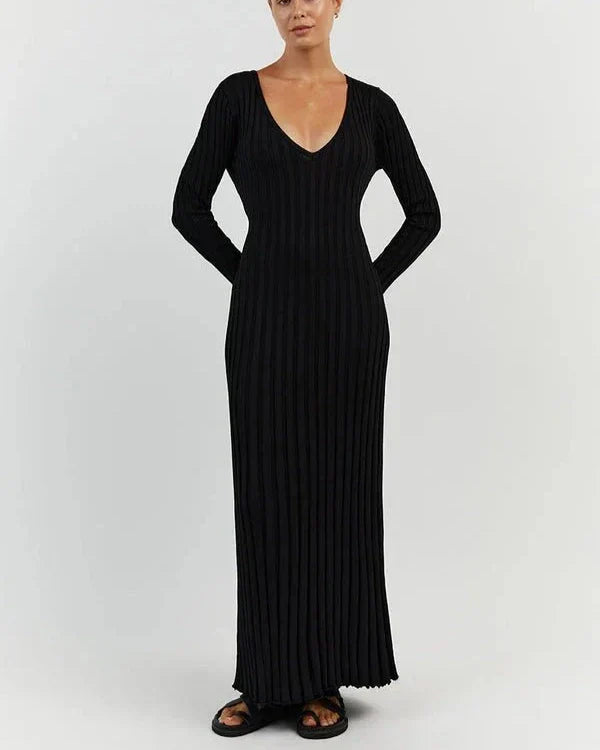 Zaira Long Sleeve Knit Midi Dress with V-neck for Women Stylish Outfit