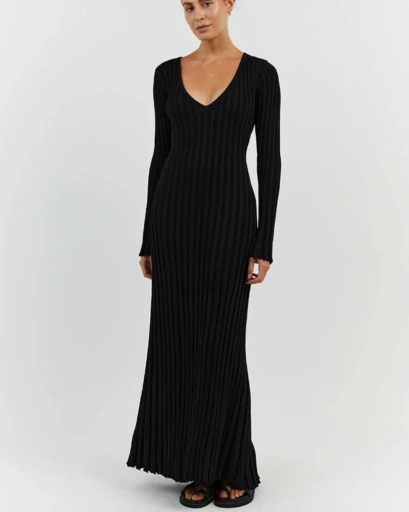 Zaira Long Sleeve Knit Midi Dress with V-neck for Women Stylish Outfit