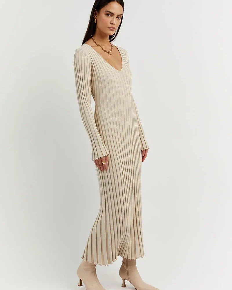 Zaira Long Sleeve Knit Midi Dress with V-neck for Women Stylish Outfit