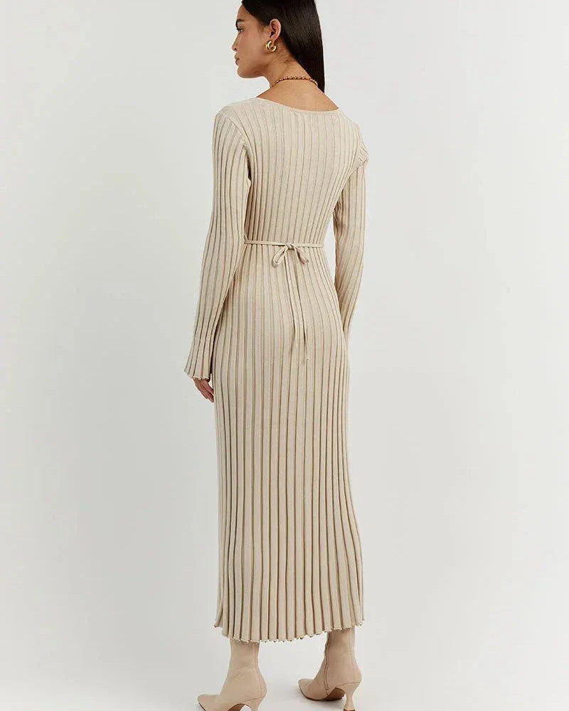 Zaira Long Sleeve Knit Midi Dress with V-neck for Women Stylish Outfit